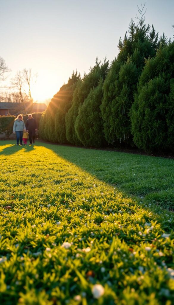 A well-groomed winter lawn, lush and verdant, nestled beneath a clear, crisp sky. In the foreground, a family gathers, their footsteps leaving gentle impressions on the frost-kissed grass. Shielding the lawn, a barrier of evergreen shrubs stands guard, their branches laden with glistening icicles. The warm glow of a setting sun casts a soft, golden light, illuminating the scene and infusing it with a sense of tranquility. In the middle ground, a scattering of salt crystals sparkles, a protective measure against the ravages of winter. The overall composition conveys a harmonious balance, where the lawn is safeguarded from the harsh elements, poised for a vibrant springtime rebirth.