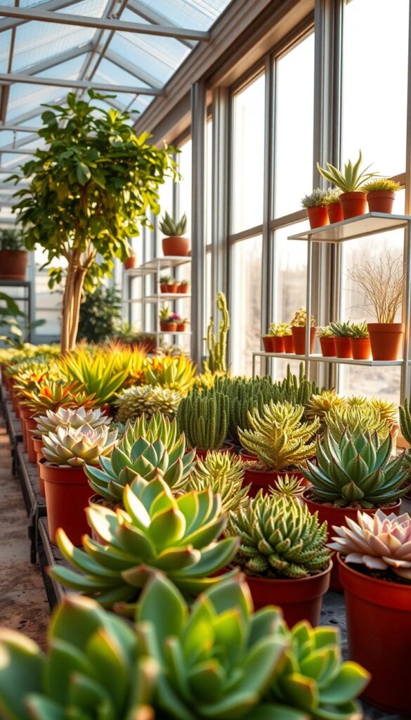 A well-lit, airy greenhouse interior with lush, vibrant succulents in the foreground. Soft, natural lighting filters in through large windows, casting a warm, golden glow on the plants. The middle ground features a variety of succulent varieties in terracotta pots, arranged in a visually appealing composition. The background showcases a minimalist, modern shelving unit displaying additional succulents. The overall scene conveys a sense of tranquility and the ideal conditions for healthy succulent growth and propagation. A well-lit, airy greenhouse interior with lush, vibrant succulents in the foreground. Soft, natural lighting filters in through large windows, casting a warm, golden glow on the plants. The middle ground features a variety of succulent varieties in terracotta pots, arranged in a visually appealing composition. The background showcases a minimalist, modern shelving unit displaying additional succulents. The overall scene conveys a sense of tranquility and the ideal conditions for healthy succulent growth and propagation.