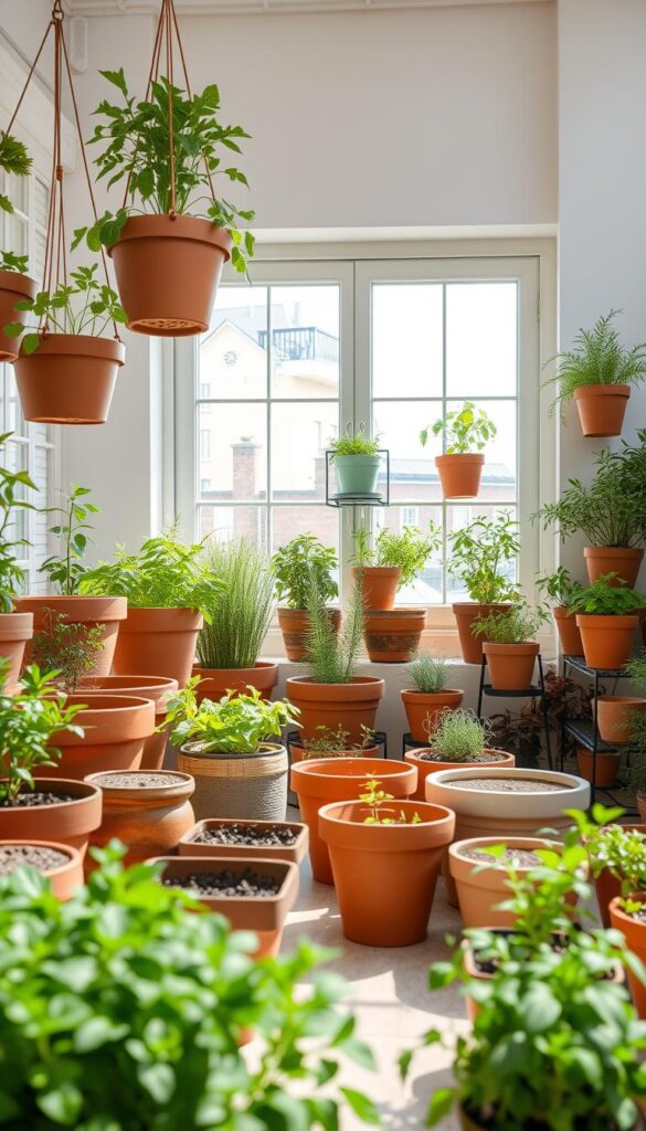 A well-lit, airy indoor setting with a variety of herb container options arranged in a visually appealing layout. In the foreground, a selection of terracotta pots, ceramic planters, and hanging baskets in various shapes and sizes, showcasing the versatility of container choices for growing herbs. The middle ground features a mix of smaller containers like window boxes and tiered stands, highlighting the importance of proper drainage and airflow. In the background, a bright, sun-dappled space with a few potted herbs thriving, conveying the idea that herbs can be grown indoors even without direct sunlight. The overall mood is one of tranquility, organization, and the joy of urban gardening. A well-lit, airy indoor setting with a variety of herb container options arranged in a visually appealing layout. In the foreground, a selection of terracotta pots, ceramic planters, and hanging baskets in various shapes and sizes, showcasing the versatility of container choices for growing herbs. The middle ground features a mix of smaller containers like window boxes and tiered stands, highlighting the importance of proper drainage and airflow. In the background, a bright, sun-dappled space with a few potted herbs thriving, conveying the idea that herbs can be grown indoors even without direct sunlight. The overall mood is one of tranquility, organization, and the joy of urban gardening.