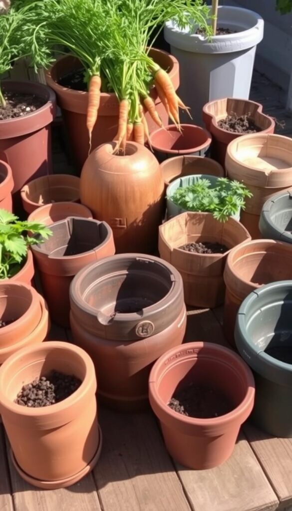 A well-lit arrangement of various containers suitable for growing carrots - clay, wood, and plastic pots in different shapes and sizes, arranged on a wooden surface or garden table. The containers are placed at an angle, creating a dynamic and visually appealing composition. The lighting is natural, with soft shadows highlighting the textures and materials of the containers. The overall mood is one of organization, preparation, and the anticipation of a bountiful carrot harvest. A well-lit arrangement of various containers suitable for growing carrots - clay, wood, and plastic pots in different shapes and sizes, arranged on a wooden surface or garden table. The containers are placed at an angle, creating a dynamic and visually appealing composition. The lighting is natural, with soft shadows highlighting the textures and materials of the containers. The overall mood is one of organization, preparation, and the anticipation of a bountiful carrot harvest.