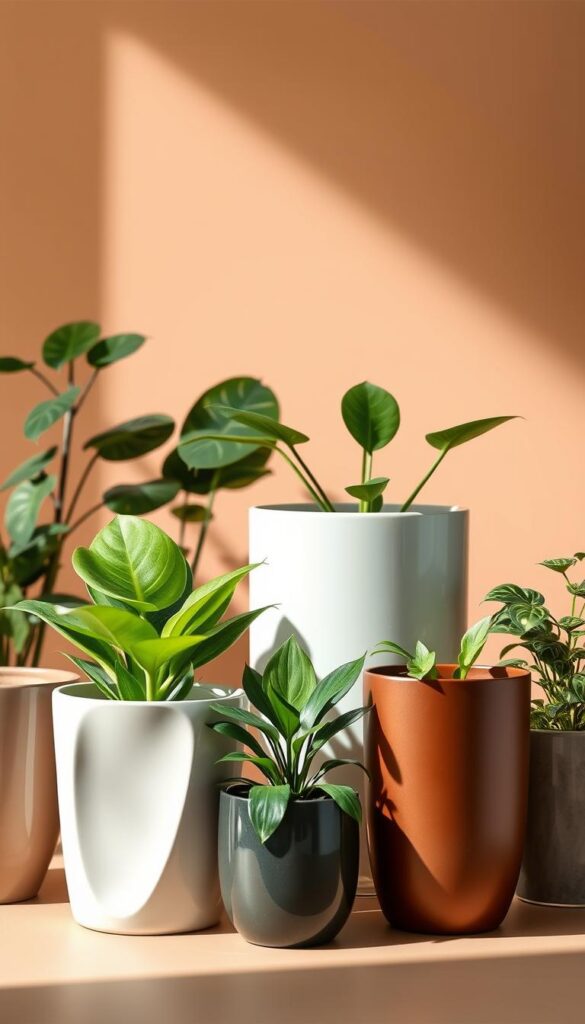 A well-lit, artful still life showcasing an assortment of elegant, modern self-watering planters. The foreground features several planters of varying shapes and sizes, each with a sleek, minimalist design and made from high-quality materials like glazed ceramic, enameled metal, and clear glass. The middle ground includes lush, healthy houseplants of different varieties, their leaves and stems artfully arranged. The background gently fades into a warm, neutral backdrop that accentuates the natural tones and textures of the planters and plants. The overall composition is balanced, visually appealing, and conveys a sense of tranquility and care for indoor greenery.