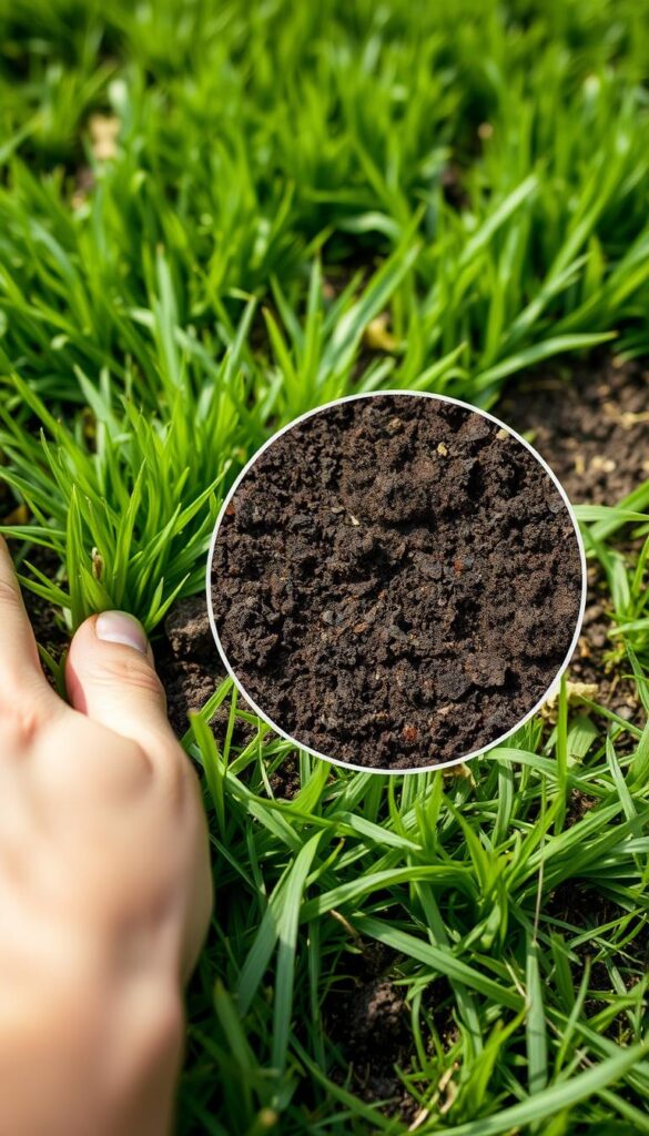 A well-lit, close-up image of a lush, green lawn with visible soil, weeds, and grass blades. In the foreground, a hand gently parts the grass, revealing the soil beneath. The middle ground shows a magnified view of the soil, highlighting its texture, moisture content, and any thatch buildup. The background blurs out, keeping the focus on the soil assessment. The lighting is soft, natural, and evenly distributed, creating a calming, educational atmosphere. The angle is slightly elevated, providing a detailed, informative perspective on assessing a lawn's needs.