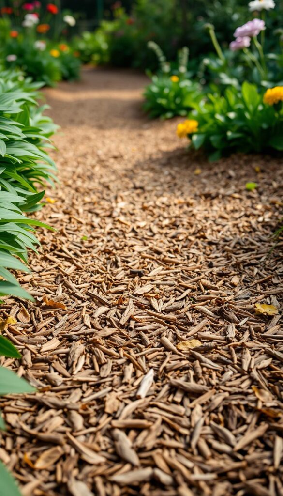 A well-lit, close-up image of a natural, warm-toned mulch path, composed of a mix of finely shredded bark, wood chips, and fallen leaves, creating a cozy, earthy texture. The path meanders through a lush, verdant garden, with vibrant green foliage and flowers framing the edges. The lighting should be soft and diffused, casting gentle shadows that accentuate the organic, tactile nature of the mulch. Capture the path from a low angle, drawing the viewer in and inviting them to imagine strolling along the naturalistic, soothing surface. The overall impression should be one of a tranquil, inviting garden space, with the mulch path as a key design element that blends seamlessly with the surrounding greenery.