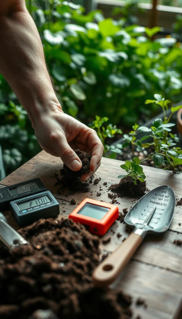 A well-lit, close-up image of a soil sample being tested in a home garden setting. The foreground shows a pair of hands carefully examining the soil, with various soil testing tools and equipment, such as a pH meter, soil test kit, and trowel, arranged neatly on a wooden surface. The middle ground features lush, verdant foliage and plants in the background, suggesting a thriving, healthy garden. The lighting is natural and diffused, creating a warm, inviting atmosphere. The overall composition conveys a sense of care, attention to detail, and a thoughtful approach to preparing the garden for the upcoming season. A well-lit, close-up image of a soil sample being tested in a home garden setting. The foreground shows a pair of hands carefully examining the soil, with various soil testing tools and equipment, such as a pH meter, soil test kit, and trowel, arranged neatly on a wooden surface. The middle ground features lush, verdant foliage and plants in the background, suggesting a thriving, healthy garden. The lighting is natural and diffused, creating a warm, inviting atmosphere. The overall composition conveys a sense of care, attention to detail, and a thoughtful approach to preparing the garden for the upcoming season.