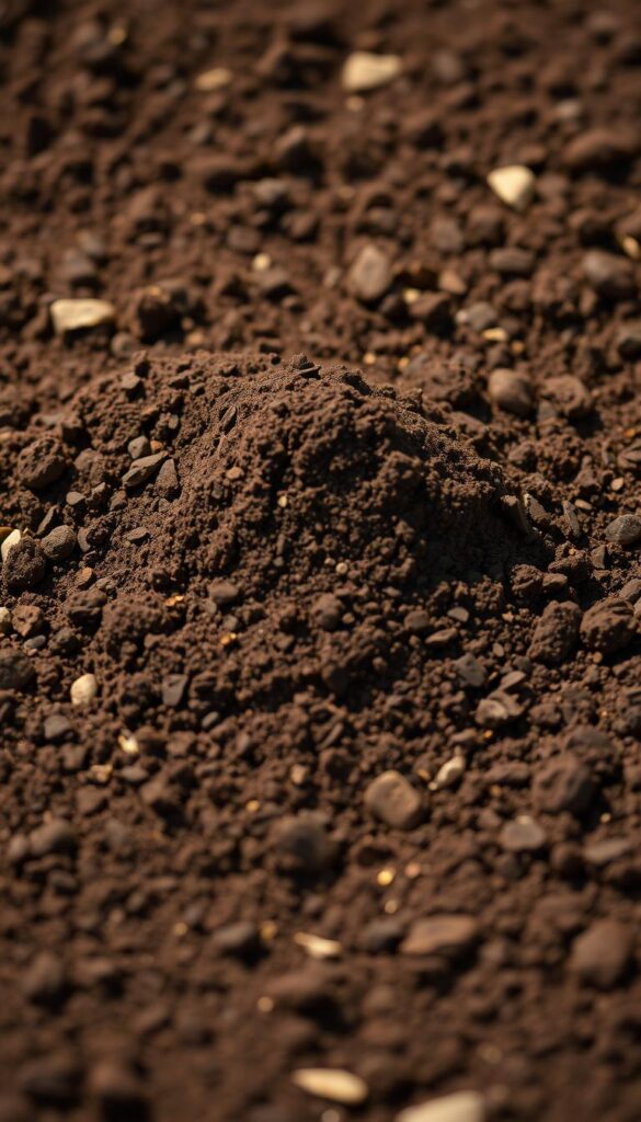 A well-lit, close-up image of rich, dark brown rose planting soil, with a soft, velvety texture. The soil is evenly distributed, with a slight mounding in the center, indicating it has been freshly turned and prepared for planting. Small pebbles and organic matter are visible, suggesting a nutrient-dense mixture. The background is blurred, drawing the viewer's attention to the soil's intricate details. The lighting creates a warm, earthy tone, highlighting the soil's natural beauty and suitability for nurturing vibrant rose blooms. A well-lit, close-up image of rich, dark brown rose planting soil, with a soft, velvety texture. The soil is evenly distributed, with a slight mounding in the center, indicating it has been freshly turned and prepared for planting. Small pebbles and organic matter are visible, suggesting a nutrient-dense mixture. The background is blurred, drawing the viewer's attention to the soil's intricate details. The lighting creates a warm, earthy tone, highlighting the soil's natural beauty and suitability for nurturing vibrant rose blooms.