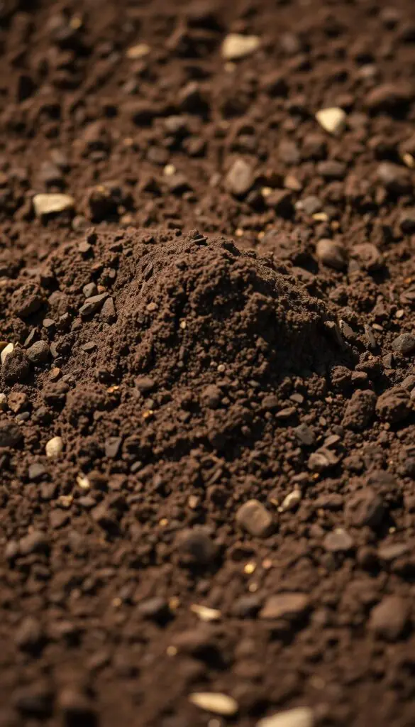 A well-lit, close-up image of rich, dark brown rose planting soil, with a soft, velvety texture. The soil is evenly distributed, with a slight mounding in the center, indicating it has been freshly turned and prepared for planting. Small pebbles and organic matter are visible, suggesting a nutrient-dense mixture. The background is blurred, drawing the viewer's attention to the soil's intricate details. The lighting creates a warm, earthy tone, highlighting the soil's natural beauty and suitability for nurturing vibrant rose blooms.