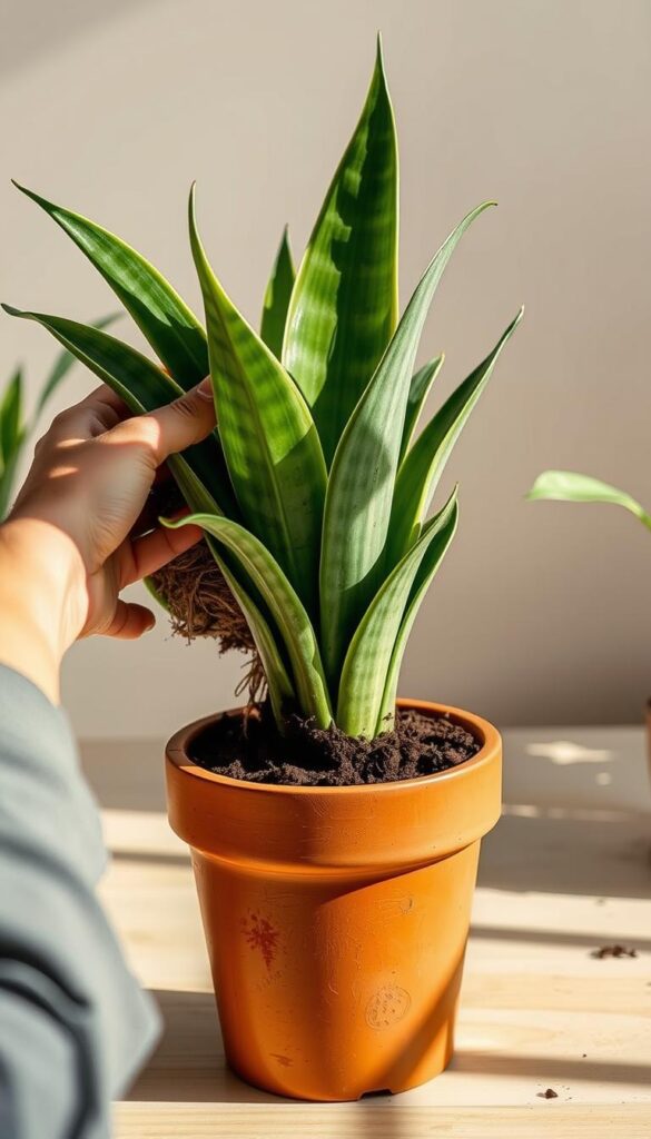 A well-lit close-up of a person's hands carefully repotting a healthy snake plant, showcasing the process step-by-step. The hands gently remove the plant from its old pot, exposing the dense root system. Soil is added to a new, larger terracotta pot, and the plant is replanted, its leaves reaching upwards in an elegant, architectural form. The background is a serene, uncluttered workspace, allowing the focus to remain on the delicate task at hand. Warm, natural lighting casts soft shadows, highlighting the earthy tones of the soil and pot. The image conveys a sense of care, patience and respect for the plant's health and growth. A well-lit close-up of a person's hands carefully repotting a healthy snake plant, showcasing the process step-by-step. The hands gently remove the plant from its old pot, exposing the dense root system. Soil is added to a new, larger terracotta pot, and the plant is replanted, its leaves reaching upwards in an elegant, architectural form. The background is a serene, uncluttered workspace, allowing the focus to remain on the delicate task at hand. Warm, natural lighting casts soft shadows, highlighting the earthy tones of the soil and pot. The image conveys a sense of care, patience and respect for the plant's health and growth.