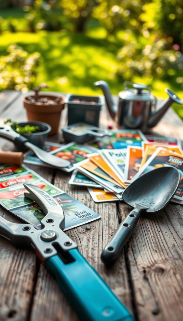 A well-lit close-up of an assortment of gardening tools and seed packets arranged on a weathered wooden table. In the foreground, a set of pruning shears, trowel, and a small potting spade are neatly laid out. Behind them, various seed packets in vibrant colors are scattered across the surface, their labels clearly visible. The middle ground features a hand-operated seed spreader and a small watering can. The background is softly blurred, hinting at a tranquil, sun-dappled outdoor setting. The overall composition conveys a sense of organized preparedness, invoking the excitement and anticipation of the upcoming growing season. A well-lit close-up of an assortment of gardening tools and seed packets arranged on a weathered wooden table. In the foreground, a set of pruning shears, trowel, and a small potting spade are neatly laid out. Behind them, various seed packets in vibrant colors are scattered across the surface, their labels clearly visible. The middle ground features a hand-operated seed spreader and a small watering can. The background is softly blurred, hinting at a tranquil, sun-dappled outdoor setting. The overall composition conveys a sense of organized preparedness, invoking the excitement and anticipation of the upcoming growing season.