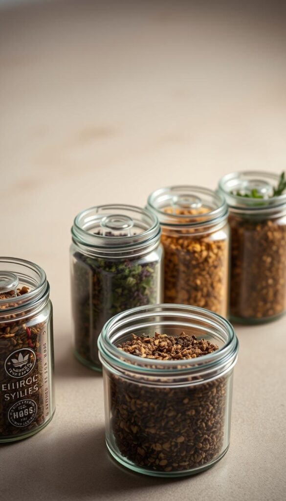 A well-lit close-up of several airtight glass containers with snap-on lids, arranged in a neat row on a neutral-colored surface. The containers are transparent, showcasing the vibrant colors of dried herbs and spices neatly stored inside. The lighting creates a soft, natural glow, highlighting the textures and details of the containers. The overall composition is clean, minimalist, and emphasizes the importance of proper herb storage to preserve their essential qualities. A well-lit close-up of several airtight glass containers with snap-on lids, arranged in a neat row on a neutral-colored surface. The containers are transparent, showcasing the vibrant colors of dried herbs and spices neatly stored inside. The lighting creates a soft, natural glow, highlighting the textures and details of the containers. The overall composition is clean, minimalist, and emphasizes the importance of proper herb storage to preserve their essential qualities.