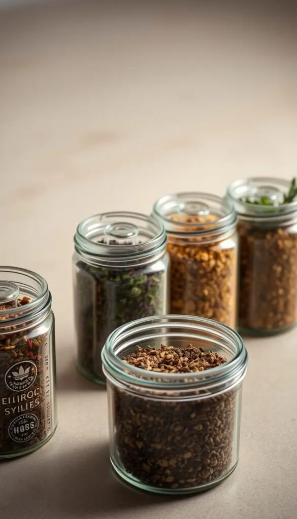 A well-lit close-up of several airtight glass containers with snap-on lids, arranged in a neat row on a neutral-colored surface. The containers are transparent, showcasing the vibrant colors of dried herbs and spices neatly stored inside. The lighting creates a soft, natural glow, highlighting the textures and details of the containers. The overall composition is clean, minimalist, and emphasizes the importance of proper herb storage to preserve their essential qualities. A well-lit close-up of several airtight glass containers with snap-on lids, arranged in a neat row on a neutral-colored surface. The containers are transparent, showcasing the vibrant colors of dried herbs and spices neatly stored inside. The lighting creates a soft, natural glow, highlighting the textures and details of the containers. The overall composition is clean, minimalist, and emphasizes the importance of proper herb storage to preserve their essential qualities.