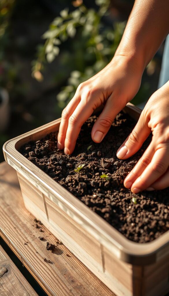 A well-lit, close-up photograph of a gardener's hands gently sowing carrot seeds into a container filled with rich, dark soil. The container is set on a wooden surface, with a gentle blur in the background suggesting a tranquil garden setting. The hands move with a practiced, deliberate motion, carefully spacing the seeds and pressing them into the soil. Warm, natural lighting bathes the scene, creating a sense of care and attention to detail. The camera angle is slightly elevated, allowing the viewer to observe the process from an engaged, participatory perspective. The overall mood is one of focus, simplicity, and the joy of nurturing new life. A well-lit, close-up photograph of a gardener's hands gently sowing carrot seeds into a container filled with rich, dark soil. The container is set on a wooden surface, with a gentle blur in the background suggesting a tranquil garden setting. The hands move with a practiced, deliberate motion, carefully spacing the seeds and pressing them into the soil. Warm, natural lighting bathes the scene, creating a sense of care and attention to detail. The camera angle is slightly elevated, allowing the viewer to observe the process from an engaged, participatory perspective. The overall mood is one of focus, simplicity, and the joy of nurturing new life.