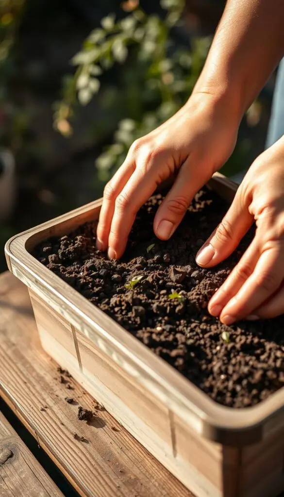 A well-lit, close-up photograph of a gardener's hands gently sowing carrot seeds into a container filled with rich, dark soil. The container is set on a wooden surface, with a gentle blur in the background suggesting a tranquil garden setting. The hands move with a practiced, deliberate motion, carefully spacing the seeds and pressing them into the soil. Warm, natural lighting bathes the scene, creating a sense of care and attention to detail. The camera angle is slightly elevated, allowing the viewer to observe the process from an engaged, participatory perspective. The overall mood is one of focus, simplicity, and the joy of nurturing new life.