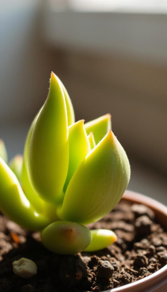 A well-lit, close-up photograph of a healthy succulent plant, its thick, fleshy leaves gently curling upwards, with the soil and pot visible in the foreground. The plant is bathed in soft, natural sunlight, casting gentle shadows that accentuate its textured leaves. The composition is balanced, with the plant positioned slightly off-center to create visual interest. The background is slightly blurred, keeping the focus on the plant's intricate details and vibrant color. The overall mood is serene and nurturing, reflecting the preparatory steps for propagating the mother plant. A well-lit, close-up photograph of a healthy succulent plant, its thick, fleshy leaves gently curling upwards, with the soil and pot visible in the foreground. The plant is bathed in soft, natural sunlight, casting gentle shadows that accentuate its textured leaves. The composition is balanced, with the plant positioned slightly off-center to create visual interest. The background is slightly blurred, keeping the focus on the plant's intricate details and vibrant color. The overall mood is serene and nurturing, reflecting the preparatory steps for propagating the mother plant.