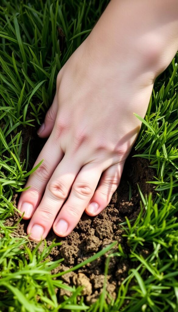 A well-lit, close-up photograph of a person's hand gently pressing into a patch of lush, green grass, revealing the underlying compacted soil beneath. The fingers part the grass blades, exposing the hard, discolored earth. A sense of careful inspection and diagnosis is conveyed, with a neutral, informative tone. The image is captured from a low angle, emphasizing the detailed texture of the soil and the hand's interaction with the lawn. Soft, natural lighting casts subtle shadows, adding depth and dimension to the scene. The overall impression is one of a simple, at-home check for soil compaction, ready to be included in an article about preventing lawn issues.