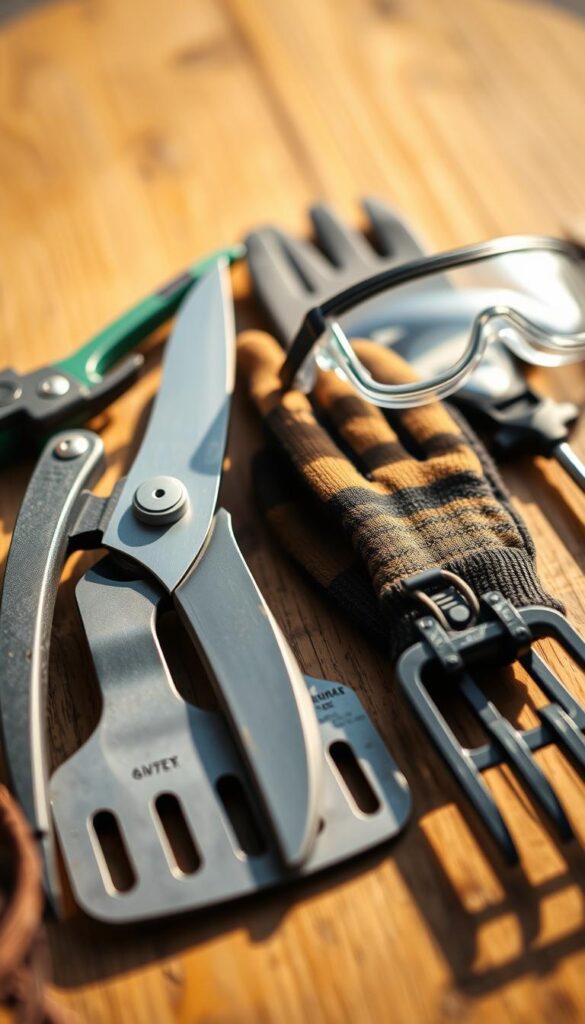 A well-lit, close-up photograph of an assortment of essential lawn maintenance tools, including a sturdy pair of gardening shears, a sharp edging tool, a heavy-duty work glove, safety goggles, and a small rake, arranged neatly on a wooden surface. The tools should appear clean, organized, and ready for use, conveying a sense of preparedness and attention to safety. The lighting should be warm and natural, casting gentle shadows that add depth and dimension to the scene. The composition should be balanced and visually appealing, drawing the viewer's attention to the key safety tools needed for keeping lawn edges clean and sharp.