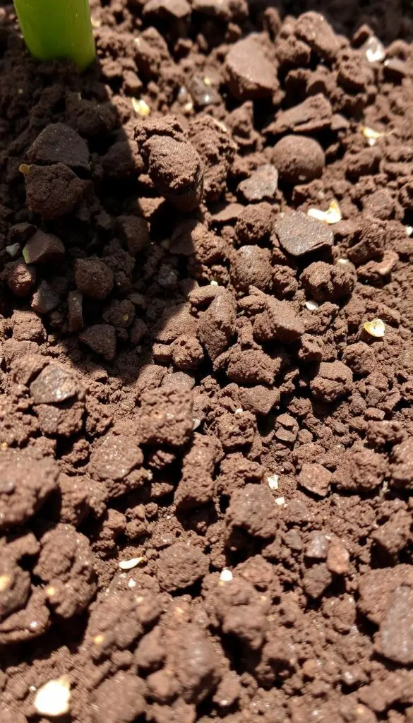A well-lit close-up photograph of freshly repotted potting soil, its surface slightly moist and glistening. The soil is a rich, dark brown color, with a soft, crumbly texture. The camera angle emphasizes the soil's depth and texture, capturing the intricate details of the organic matter and underlying drainage materials. The lighting is natural, with soft shadows and highlights that create a sense of depth and dimension. The overall mood is one of healthy, vibrant growth, signaling the ideal conditions for a plant's root system to thrive in the aftermath of repotting.