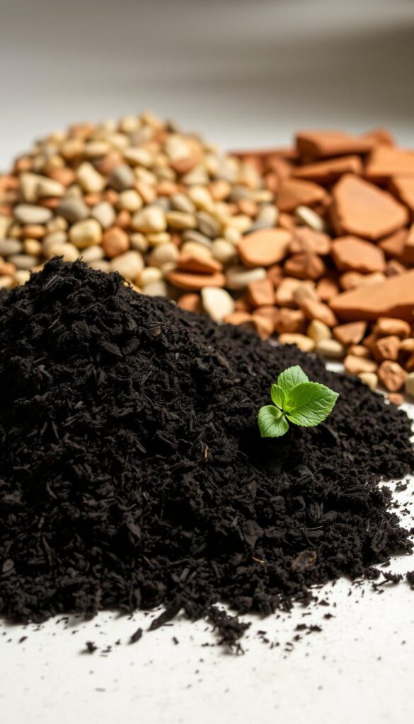 A well-lit, close-up photograph of potting mix and drainage materials, meticulously arranged on a clean, neutral surface. In the foreground, a pile of dark, nutrient-rich potting mix, its texture visible and inviting. Behind it, a selection of drainage materials, such as pebbles, small stones, and broken terracotta shards, neatly organized. The lighting is soft and diffused, creating a warm, earthy atmosphere that highlights the natural colors and textures of the materials. The camera angle is slightly elevated, providing a clear, detailed view of the components, emphasizing their importance in cultivating thriving indoor herb gardens, even in low-light conditions. A well-lit, close-up photograph of potting mix and drainage materials, meticulously arranged on a clean, neutral surface. In the foreground, a pile of dark, nutrient-rich potting mix, its texture visible and inviting. Behind it, a selection of drainage materials, such as pebbles, small stones, and broken terracotta shards, neatly organized. The lighting is soft and diffused, creating a warm, earthy atmosphere that highlights the natural colors and textures of the materials. The camera angle is slightly elevated, providing a clear, detailed view of the components, emphasizing their importance in cultivating thriving indoor herb gardens, even in low-light conditions.