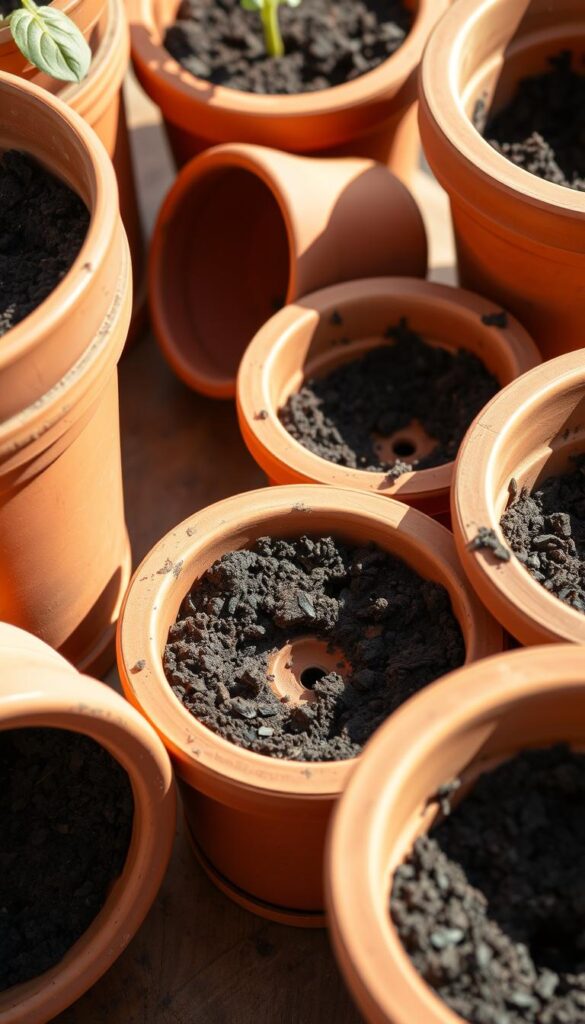 A well-lit, close-up scene depicting an assortment of terracotta pots of varying sizes arranged on a wooden surface. The pots have prominent drainage holes in their bases, showcasing the importance of proper drainage for successful container gardening. The pots are filled with rich, dark soil, hinting at the vibrant plants they could support. The lighting is soft and natural, casting subtle shadows that add depth and dimension to the scene. The overall composition emphasizes the practical yet visually appealing nature of these essential gardening tools, setting the stage for a thriving container vegetable garden. A well-lit, close-up scene depicting an assortment of terracotta pots of varying sizes arranged on a wooden surface. The pots have prominent drainage holes in their bases, showcasing the importance of proper drainage for successful container gardening. The pots are filled with rich, dark soil, hinting at the vibrant plants they could support. The lighting is soft and natural, casting subtle shadows that add depth and dimension to the scene. The overall composition emphasizes the practical yet visually appealing nature of these essential gardening tools, setting the stage for a thriving container vegetable garden.