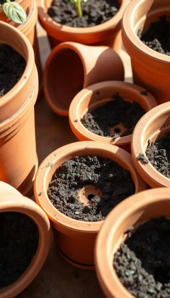A well-lit, close-up scene depicting an assortment of terracotta pots of varying sizes arranged on a wooden surface. The pots have prominent drainage holes in their bases, showcasing the importance of proper drainage for successful container gardening. The pots are filled with rich, dark soil, hinting at the vibrant plants they could support. The lighting is soft and natural, casting subtle shadows that add depth and dimension to the scene. The overall composition emphasizes the practical yet visually appealing nature of these essential gardening tools, setting the stage for a thriving container vegetable garden. A well-lit, close-up scene depicting an assortment of terracotta pots of varying sizes arranged on a wooden surface. The pots have prominent drainage holes in their bases, showcasing the importance of proper drainage for successful container gardening. The pots are filled with rich, dark soil, hinting at the vibrant plants they could support. The lighting is soft and natural, casting subtle shadows that add depth and dimension to the scene. The overall composition emphasizes the practical yet visually appealing nature of these essential gardening tools, setting the stage for a thriving container vegetable garden.