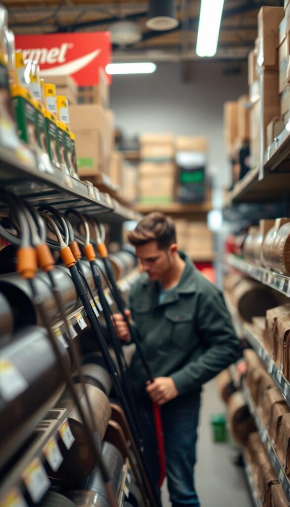 A well-lit, close-up scene of a person carefully inspecting and comparing different lawn rollers in a hardware store. The rollers are displayed on shelves in the foreground, showcasing their varying sizes, materials, and features. The person is in the middle ground, concentrating on the rollers, evaluating their suitability for their yard and project needs. The background is blurred, emphasizing the focal point of the person and the rollers. The lighting is soft and natural, creating a warm, inviting atmosphere that encourages the viewer to imagine themselves in the same decision-making process. The overall composition and attention to detail convey the importance of choosing the right lawn roller for a successful lawn rolling project.