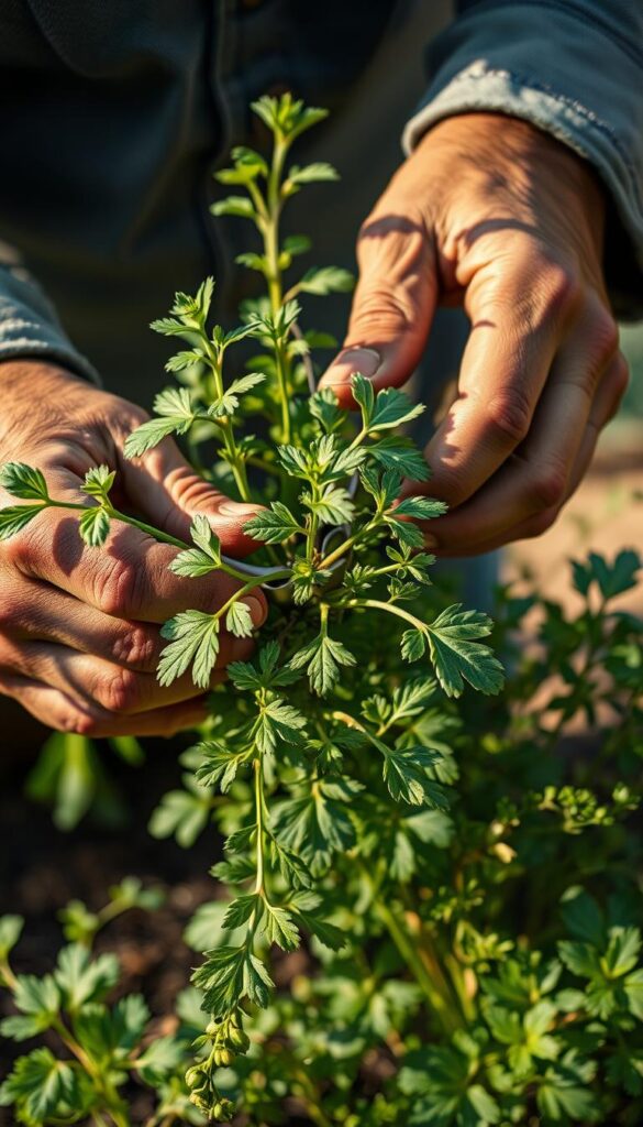 A well-lit close-up shot of a gardener's hands carefully pruning the stems and leaves of a flourishing herb plant, the vibrant green foliage contrasting against the weathered, calloused skin. Gentle snips of the sharp shears as the skilled fingers precisely shape the plant, encouraging bushy, fragrant growth. A soft, natural lighting illuminates the scene, casting warm shadows that accentuate the textures of the plant and the gardener's hands. The background is blurred, keeping the focus on the delicate process of pruning, the viewer drawn into the tactile, meditative experience of tending to the herb plant. A well-lit close-up shot of a gardener's hands carefully pruning the stems and leaves of a flourishing herb plant, the vibrant green foliage contrasting against the weathered, calloused skin. Gentle snips of the sharp shears as the skilled fingers precisely shape the plant, encouraging bushy, fragrant growth. A soft, natural lighting illuminates the scene, casting warm shadows that accentuate the textures of the plant and the gardener's hands. The background is blurred, keeping the focus on the delicate process of pruning, the viewer drawn into the tactile, meditative experience of tending to the herb plant.
