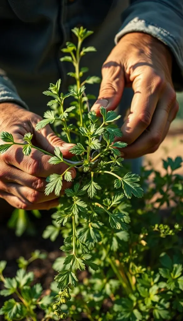 A well-lit close-up shot of a gardener's hands carefully pruning the stems and leaves of a flourishing herb plant, the vibrant green foliage contrasting against the weathered, calloused skin. Gentle snips of the sharp shears as the skilled fingers precisely shape the plant, encouraging bushy, fragrant growth. A soft, natural lighting illuminates the scene, casting warm shadows that accentuate the textures of the plant and the gardener's hands. The background is blurred, keeping the focus on the delicate process of pruning, the viewer drawn into the tactile, meditative experience of tending to the herb plant.