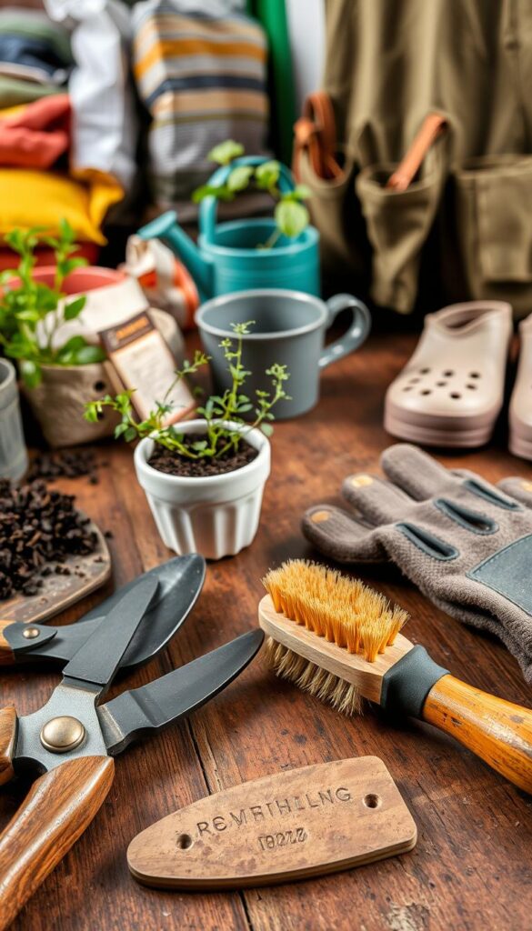 A well-lit, close-up shot of a gardener's work table, showcasing an assortment of essential garden tools and accessories. In the foreground, a pair of sturdy, ergonomic hand pruners, a trowel with a wooden handle, and a small, brass-bristled brush for cleaning plant debris. In the middle ground, a small, ceramic planter filled with aromatic herbs, a pair of thick, padded gardening gloves, and a secateurs holster attached to a durable work apron. In the background, a mix of potting soil bags, a watering can, and a pair of comfortable, non-slip garden clogs. The scene conveys a sense of organization, practicality, and the little comforts that make gardening a pleasure.