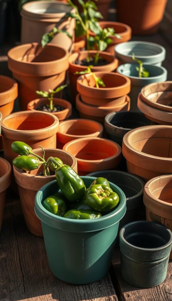 A well-lit, close-up shot of an assortment of terracotta, plastic, and wooden containers of various shapes and sizes, suitable for growing peppers. The containers are arranged on a rustic wooden surface, with soft shadows and warm, natural lighting that highlights the textures and colors. The composition emphasizes the diversity of container options, conveying a sense of thoughtful selection and preparation for a successful pepper-growing experience.