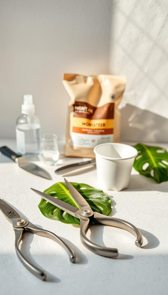 A well-lit, close-up still life composition of essential propagation tools and materials arranged neatly on a clean, lightly textured surface. In the foreground, a pair of sharp, stainless steel pruning shears, a small, clean propagation container, and a fresh Monstera leaf cutting. In the middle ground, a bag of potting mix, a small trowel, and a spray bottle filled with clean water. In the background, a neutral, soft-focus backdrop that enhances the focus on the foreground elements. The lighting is natural and diffused, creating soft shadows and highlights that emphasize the textures of the materials. The overall mood is one of organization, simplicity, and preparation for a successful Monstera propagation project. A well-lit, close-up still life composition of essential propagation tools and materials arranged neatly on a clean, lightly textured surface. In the foreground, a pair of sharp, stainless steel pruning shears, a small, clean propagation container, and a fresh Monstera leaf cutting. In the middle ground, a bag of potting mix, a small trowel, and a spray bottle filled with clean water. In the background, a neutral, soft-focus backdrop that enhances the focus on the foreground elements. The lighting is natural and diffused, creating soft shadows and highlights that emphasize the textures of the materials. The overall mood is one of organization, simplicity, and preparation for a successful Monstera propagation project.