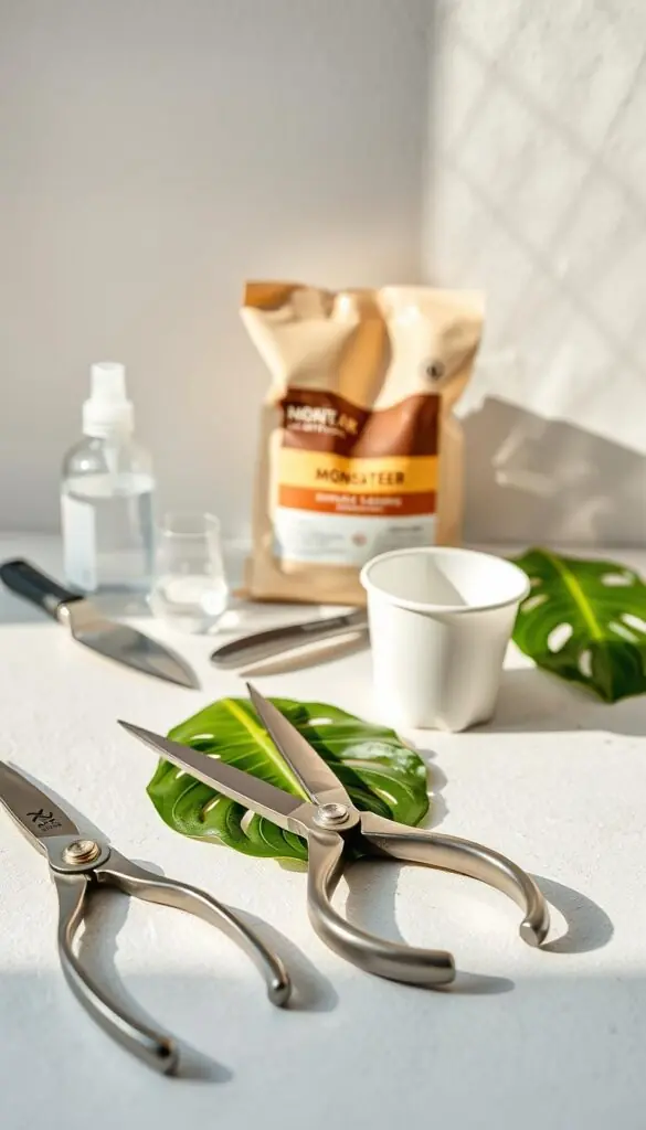 A well-lit, close-up still life composition of essential propagation tools and materials arranged neatly on a clean, lightly textured surface. In the foreground, a pair of sharp, stainless steel pruning shears, a small, clean propagation container, and a fresh Monstera leaf cutting. In the middle ground, a bag of potting mix, a small trowel, and a spray bottle filled with clean water. In the background, a neutral, soft-focus backdrop that enhances the focus on the foreground elements. The lighting is natural and diffused, creating soft shadows and highlights that emphasize the textures of the materials. The overall mood is one of organization, simplicity, and preparation for a successful Monstera propagation project. A well-lit, close-up still life composition of essential propagation tools and materials arranged neatly on a clean, lightly textured surface. In the foreground, a pair of sharp, stainless steel pruning shears, a small, clean propagation container, and a fresh Monstera leaf cutting. In the middle ground, a bag of potting mix, a small trowel, and a spray bottle filled with clean water. In the background, a neutral, soft-focus backdrop that enhances the focus on the foreground elements. The lighting is natural and diffused, creating soft shadows and highlights that emphasize the textures of the materials. The overall mood is one of organization, simplicity, and preparation for a successful Monstera propagation project.