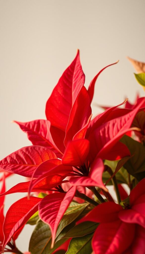 A well-lit, close-up view of a lush poinsettia plant in the midst of its "rebloom" process. The foreground showcases the plant's brilliant red bracts, their vibrant hues contrasting against a soft, diffused background. Delicate green leaves frame the stunning bracts, conveying a sense of renewed growth and vitality. The composition emphasizes the intricate details of the plant, capturing the lush textures and subtle gradients that emerge during this seasonal transformation. Subtle shadows and warm, directional lighting accentuate the dimensional qualities of the poinsettia, creating an inviting and visually captivating scene that celebrates the plant's resilience and beauty. A well-lit, close-up view of a lush poinsettia plant in the midst of its "rebloom" process. The foreground showcases the plant's brilliant red bracts, their vibrant hues contrasting against a soft, diffused background. Delicate green leaves frame the stunning bracts, conveying a sense of renewed growth and vitality. The composition emphasizes the intricate details of the plant, capturing the lush textures and subtle gradients that emerge during this seasonal transformation. Subtle shadows and warm, directional lighting accentuate the dimensional qualities of the poinsettia, creating an inviting and visually captivating scene that celebrates the plant's resilience and beauty.