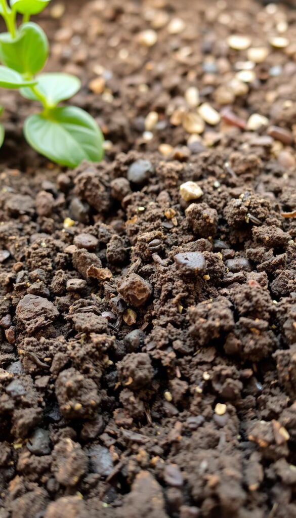 A well-lit, close-up view of a pile of potting soil and potting mix, showcasing their distinct textures and compositions. The foreground features a mixture of dark, nutrient-rich soil and lighter, fluffier peat moss or compost, with visible pockets of air pockets and drainage channels running through it. The middle ground reveals the different particle sizes and organic matter that make up the blend, while the background hints at the varied color tones and granular nature of the materials. Captured with a shallow depth of field to emphasize the intricate details, this image conveys the importance of a well-structured, aerated soil for healthy plant roots and steady flower growth.