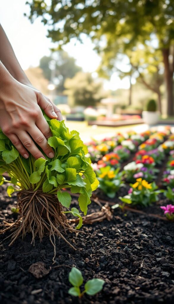 A well-lit closeup of a gardener's hands gently dividing a clump of lush, verdant perennial plants, their roots intertwined. The plants' vibrant foliage contrasts against the rich, dark soil in the foreground. In the middle ground, a tidy garden bed with neatly arranged perennials of various colors and textures. The background features a serene, sunlit garden scene, with trees and a tranquil water feature. The overall mood is one of careful, mindful plant care, highlighting the benefits of perennial division for plant health and visual appeal.