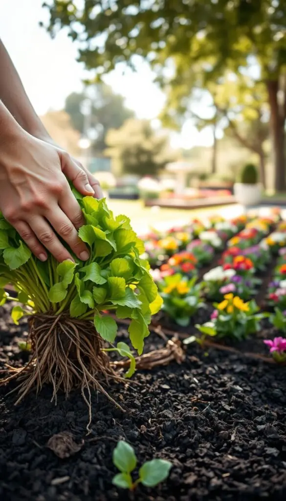 A well-lit closeup of a gardener's hands gently dividing a clump of lush, verdant perennial plants, their roots intertwined. The plants' vibrant foliage contrasts against the rich, dark soil in the foreground. In the middle ground, a tidy garden bed with neatly arranged perennials of various colors and textures. The background features a serene, sunlit garden scene, with trees and a tranquil water feature. The overall mood is one of careful, mindful plant care, highlighting the benefits of perennial division for plant health and visual appeal. A well-lit closeup of a gardener's hands gently dividing a clump of lush, verdant perennial plants, their roots intertwined. The plants' vibrant foliage contrasts against the rich, dark soil in the foreground. In the middle ground, a tidy garden bed with neatly arranged perennials of various colors and textures. The background features a serene, sunlit garden scene, with trees and a tranquil water feature. The overall mood is one of careful, mindful plant care, highlighting the benefits of perennial division for plant health and visual appeal.