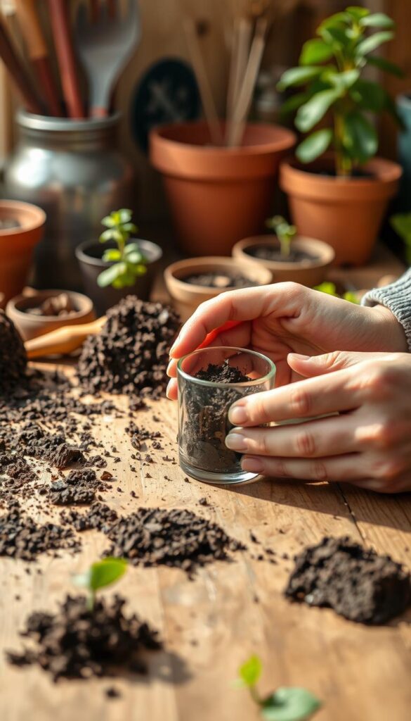 A well-lit, closeup shot of a person's hands carefully examining a soil sample in a small glass container on a wooden table. The background features a variety of gardening tools, potting soil, and plant pots, conveying a cozy, homey atmosphere. The image has a warm, natural tone, with soft shadows and a shallow depth of field, emphasizing the focus on the soil sample. The overall composition suggests a thoughtful, hands-on approach to understanding one's home soil conditions.
