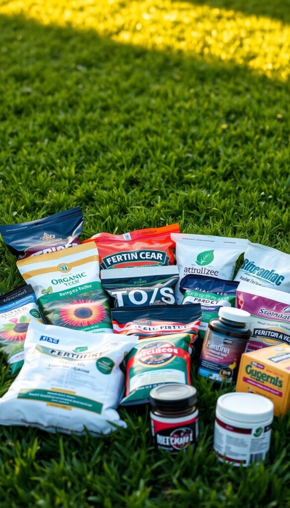 A well-lit, closeup shot of an assortment of different fertilizer bags, boxes, and containers spread out on a lush, green grass surface. The fertilizers should include a variety of organic and synthetic options, with clear product labels and packaging visible. The foreground is in sharp focus, while the background gently blurs into a soft, out-of-focus lawn. Warm, natural lighting casts a gentle glow, creating depth and dimension. The overall scene conveys a sense of consideration and thoughtfulness in the selection of the right fertilizer for a healthy, thriving lawn.