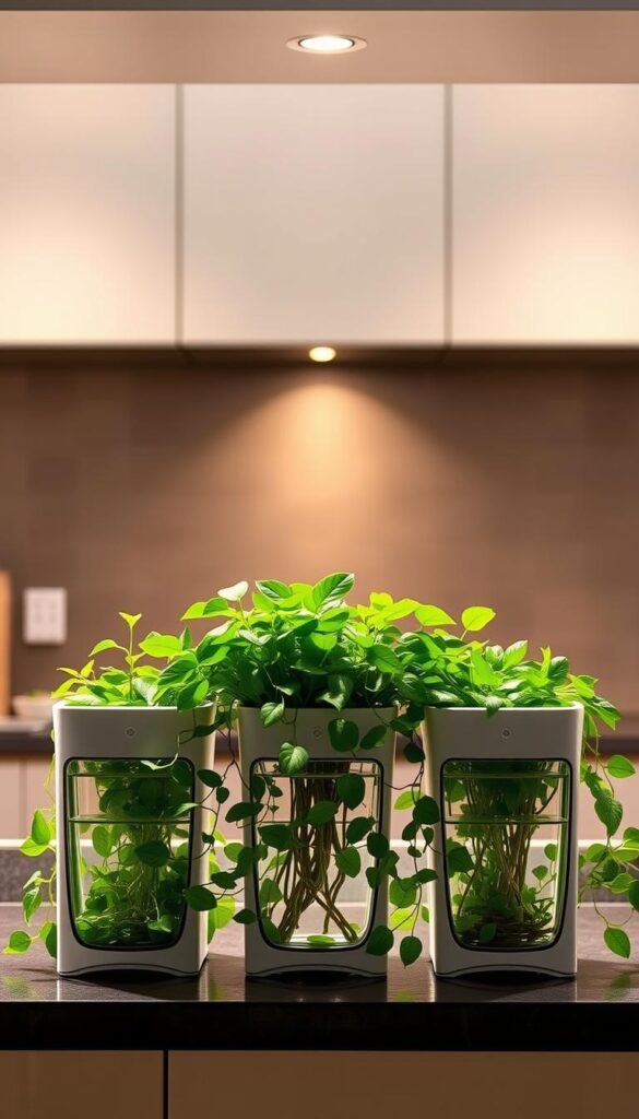 A well-lit, contemporary kitchen counter with a trio of self-watering planters arranged in the foreground. The planters have a sleek, minimalist design with transparent reservoirs, allowing the water level to be easily monitored. Lush, verdant foliage cascades from the planters, creating a vibrant, natural focal point. The middle ground features a simple, uncluttered backdrop, perhaps a tiled wall or open shelving, allowing the planters to take center stage. Soft, diffused lighting from above casts a warm, inviting glow, highlighting the plants' healthy, thriving appearance. The overall mood is one of calm, low-maintenance elegance - a perfect solution for the busy traveler.
