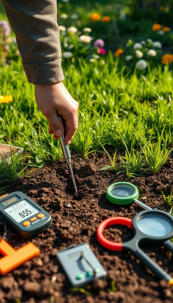 A well-lit, detailed scene of soil testing in a lush, green garden. The foreground shows a person's hands carefully taking soil samples from the ground, using a specialized soil coring tool. The middle ground showcases various testing equipment like pH meters, soil testing kits, and magnifying glasses. The background features a verdant lawn, with healthy grass and vibrant flora. Warm, natural lighting casts a gentle glow across the scene, highlighting the textures of the soil and the tools. The overall atmosphere conveys the importance of understanding soil composition for achieving a lush, thriving lawn. A well-lit, detailed scene of soil testing in a lush, green garden. The foreground shows a person's hands carefully taking soil samples from the ground, using a specialized soil coring tool. The middle ground showcases various testing equipment like pH meters, soil testing kits, and magnifying glasses. The background features a verdant lawn, with healthy grass and vibrant flora. Warm, natural lighting casts a gentle glow across the scene, highlighting the textures of the soil and the tools. The overall atmosphere conveys the importance of understanding soil composition for achieving a lush, thriving lawn.