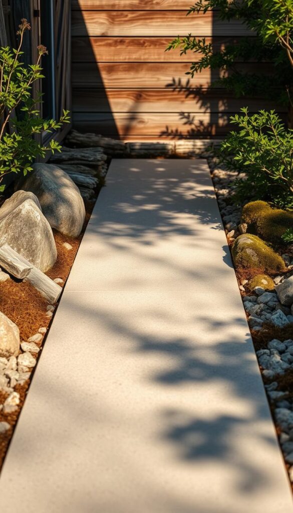 A well-lit exterior view showcasing intricate textures and materials for traction and maintenance. A smooth concrete or stone walkway leads the eye, surrounded by a mix of natural elements - weathered wood, mossy stones, and textured foliage. Gentle shadows cast by the warm, directional lighting accentuate the dimensional qualities, while a neutral color palette creates a sense of tranquility. The overall scene conveys a balance of practical and aesthetic considerations, inviting the viewer to appreciate the thoughtful layering of surfaces and materials. A well-lit exterior view showcasing intricate textures and materials for traction and maintenance. A smooth concrete or stone walkway leads the eye, surrounded by a mix of natural elements - weathered wood, mossy stones, and textured foliage. Gentle shadows cast by the warm, directional lighting accentuate the dimensional qualities, while a neutral color palette creates a sense of tranquility. The overall scene conveys a balance of practical and aesthetic considerations, inviting the viewer to appreciate the thoughtful layering of surfaces and materials.