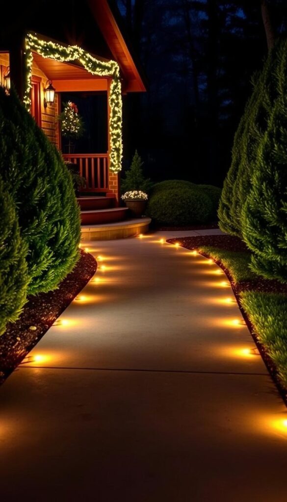 A well-lit front walkway with a row of warm LED lights lining the path, casting a soft, inviting glow. The lights are evenly spaced, creating a welcoming and festive atmosphere. The pathway is made of smooth, gray pavers, leading up to a wooden front porch with potted plants and holiday decor. The surrounding landscape is lush with evergreen shrubs and trees, adding depth and texture to the scene. The lighting is subtle yet impactful, creating an enchanting and cozy ambiance, perfect for the holiday season. A well-lit front walkway with a row of warm LED lights lining the path, casting a soft, inviting glow. The lights are evenly spaced, creating a welcoming and festive atmosphere. The pathway is made of smooth, gray pavers, leading up to a wooden front porch with potted plants and holiday decor. The surrounding landscape is lush with evergreen shrubs and trees, adding depth and texture to the scene. The lighting is subtle yet impactful, creating an enchanting and cozy ambiance, perfect for the holiday season.