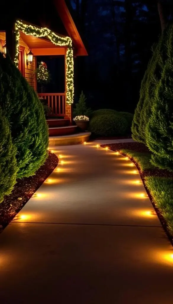 A well-lit front walkway with a row of warm LED lights lining the path, casting a soft, inviting glow. The lights are evenly spaced, creating a welcoming and festive atmosphere. The pathway is made of smooth, gray pavers, leading up to a wooden front porch with potted plants and holiday decor. The surrounding landscape is lush with evergreen shrubs and trees, adding depth and texture to the scene. The lighting is subtle yet impactful, creating an enchanting and cozy ambiance, perfect for the holiday season. A well-lit front walkway with a row of warm LED lights lining the path, casting a soft, inviting glow. The lights are evenly spaced, creating a welcoming and festive atmosphere. The pathway is made of smooth, gray pavers, leading up to a wooden front porch with potted plants and holiday decor. The surrounding landscape is lush with evergreen shrubs and trees, adding depth and texture to the scene. The lighting is subtle yet impactful, creating an enchanting and cozy ambiance, perfect for the holiday season.