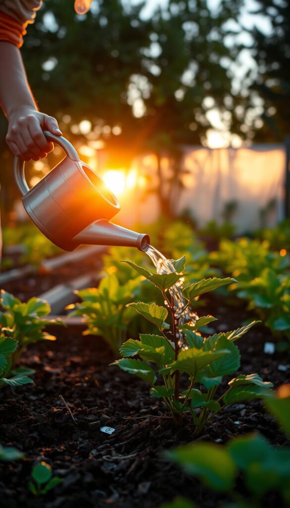 A well-lit garden bed at dusk, with a gardener carefully watering a thriving plant using a long-spouted watering can. The soft, warm glow of the setting sun casts a gentle light across the scene, highlighting the lush, verdant foliage and moist soil. The gardener's movements are deliberate and precise, ensuring the water is distributed evenly and gently over the plant's root system. The overall atmosphere is one of tranquility and mindful, sustainable gardening practices.