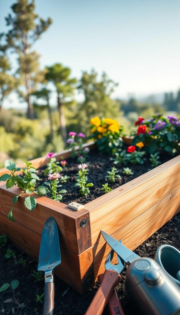 A well-lit, high-angle shot of a raised garden bed filled with lush, vibrant plants and flowers. The wooden frame is sturdy and precisely constructed, with clean edges and a natural, earthy tone. The soil inside is dark and rich, with a slight mound to allow for optimal drainage. In the foreground, an array of gardening tools is neatly arranged, including a trowel, pruning shears, and a small watering can. The background features a blurred, serene landscape, with trees and a clear, blue sky. The overall scene conveys a sense of tranquility, organization, and the joy of urban gardening. A well-lit, high-angle shot of a raised garden bed filled with lush, vibrant plants and flowers. The wooden frame is sturdy and precisely constructed, with clean edges and a natural, earthy tone. The soil inside is dark and rich, with a slight mound to allow for optimal drainage. In the foreground, an array of gardening tools is neatly arranged, including a trowel, pruning shears, and a small watering can. The background features a blurred, serene landscape, with trees and a clear, blue sky. The overall scene conveys a sense of tranquility, organization, and the joy of urban gardening.