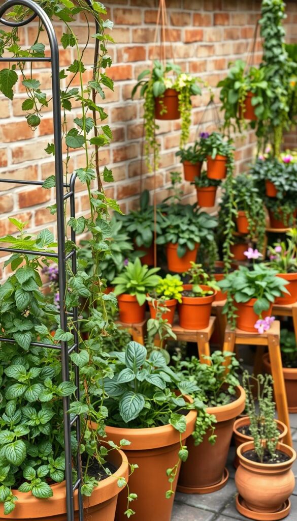 A well-lit, high-angle view of a lush container garden bursting with thriving vegetables, herbs, and flowers. In the foreground, an elegant metal trellis system supports the vertical growth of climbing plants, their vines cascading gracefully. Behind it, a variety of terracotta pots and hanging baskets of different sizes and shapes, each housing a diverse array of leafy greens, vibrant blooms, and trailing vines. The middle ground features wooden or bamboo plant stands, raising the containers to create a tiered effect. In the background, a brick or stone wall acts as a warm, textured backdrop, complementing the earthy tones of the plants and containers. Soft, diffused natural lighting illuminates the scene, casting gentle shadows and highlighting the verdant foliage. A well-lit, high-angle view of a lush container garden bursting with thriving vegetables, herbs, and flowers. In the foreground, an elegant metal trellis system supports the vertical growth of climbing plants, their vines cascading gracefully. Behind it, a variety of terracotta pots and hanging baskets of different sizes and shapes, each housing a diverse array of leafy greens, vibrant blooms, and trailing vines. The middle ground features wooden or bamboo plant stands, raising the containers to create a tiered effect. In the background, a brick or stone wall acts as a warm, textured backdrop, complementing the earthy tones of the plants and containers. Soft, diffused natural lighting illuminates the scene, casting gentle shadows and highlighting the verdant foliage.