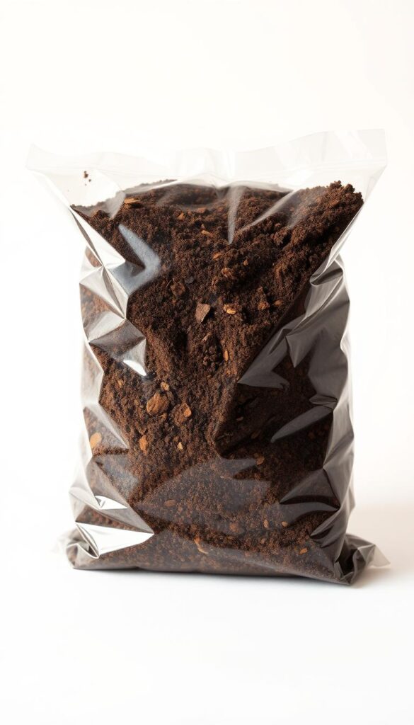 A well-lit, high-resolution close-up photograph of a transparent plastic bag filled with a rich, dark-colored potting mix for containers. The potting mix is composed of an even blend of peat moss, compost, perlite, and vermiculite, creating a light, airy, and well-draining texture. The bag is positioned on a clean, neutral background, allowing the textural details of the potting mix to be the primary focus. Soft, diffused lighting from the side accentuates the natural variations in color and structure of the potting medium, conveying its quality and suitability for growing healthy flowers in containers.