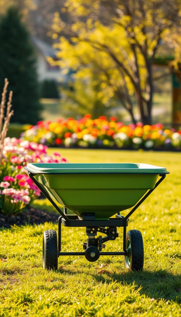A well-lit, high-resolution image of a lawn and garden spreader in the foreground, its mechanisms and moving parts clearly visible. The spreader is positioned in the center of the frame, with a lush, vibrant lawn and colorful flower beds visible in the middle ground. The background is softly blurred, creating a sense of depth and focus on the spreader. The spreader is showcased with a clean, minimalist style, allowing its design and functionality to be the central focus. Warm, natural lighting illuminates the scene, creating a sense of spring and growth. The overall composition and level of detail convey a sense of precision, efficiency, and care in lawn and garden maintenance.