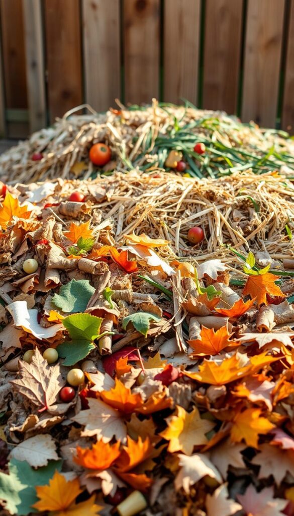 A well-lit, high-resolution image of an assortment of fall composting materials arranged in a visually appealing manner. In the foreground, a variety of organic matter such as fallen leaves, shredded newspaper, and vegetable scraps. In the middle ground, a mix of brown and green materials like straw, sawdust, and grass clippings, creating a balanced C:N ratio. In the background, a wooden compost bin or pile, hinting at the larger composting process. The lighting should be warm and natural, casting gentle shadows to accentuate the textures and colors of the materials. The overall mood is one of productivity, sustainability, and a connection to the rhythms of the natural world.