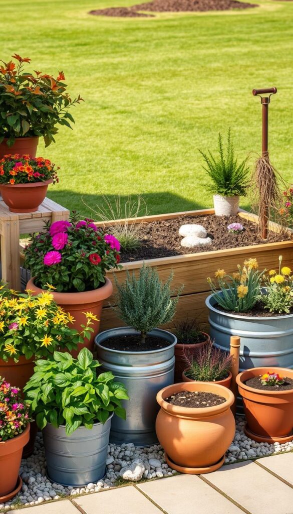A well-lit, high-resolution image of various gardening containers and raised beds arranged in a visually appealing composition. In the foreground, there are terracotta pots, wooden planters, and galvanized metal tubs overflowing with vibrant winter foliage and blooms. The middle ground features a raised garden bed with neatly arranged soil and mulch, surrounded by decorative rocks and pebbles. In the background, a manicured lawn stretches out, with a clear, crisp sky overhead. The lighting is soft and natural, creating gentle shadows and highlights that accentuate the textures and colors of the materials. The overall scene conveys a sense of order, tranquility, and preparedness for the winter season. A well-lit, high-resolution image of various gardening containers and raised beds arranged in a visually appealing composition. In the foreground, there are terracotta pots, wooden planters, and galvanized metal tubs overflowing with vibrant winter foliage and blooms. The middle ground features a raised garden bed with neatly arranged soil and mulch, surrounded by decorative rocks and pebbles. In the background, a manicured lawn stretches out, with a clear, crisp sky overhead. The lighting is soft and natural, creating gentle shadows and highlights that accentuate the textures and colors of the materials. The overall scene conveys a sense of order, tranquility, and preparedness for the winter season.