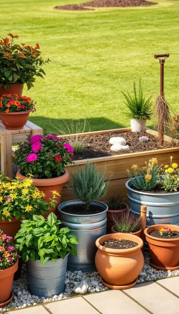 A well-lit, high-resolution image of various gardening containers and raised beds arranged in a visually appealing composition. In the foreground, there are terracotta pots, wooden planters, and galvanized metal tubs overflowing with vibrant winter foliage and blooms. The middle ground features a raised garden bed with neatly arranged soil and mulch, surrounded by decorative rocks and pebbles. In the background, a manicured lawn stretches out, with a clear, crisp sky overhead. The lighting is soft and natural, creating gentle shadows and highlights that accentuate the textures and colors of the materials. The overall scene conveys a sense of order, tranquility, and preparedness for the winter season.