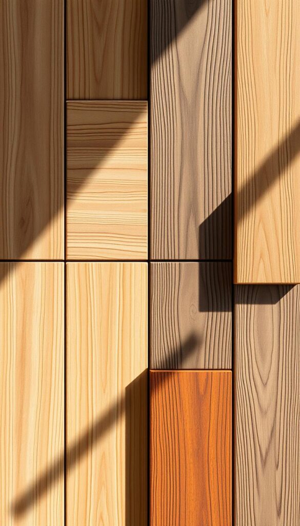 A well-lit, high-resolution overhead view of an assortment of premium decking materials, including smooth, lustrous wood planks in natural tones, weathered hardwood boards, and sleek composite decking in warm, earthy hues. The materials are arranged neatly, showcasing their distinct grains, textures, and finish. The lighting creates subtle shadows and highlights the dimensional qualities of the various decking options, conveying a sense of quality and craftsmanship. The background is a soft, neutral palette, allowing the decking materials to be the focal point and emphasizing the decision-making process of choosing the right outdoor flooring.